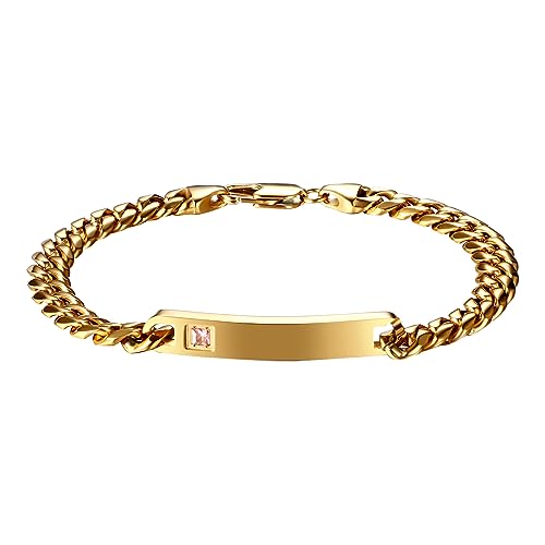 JewelryWe Personalisiert Armband Herren Panzerkette - Edelstahl Zirkonia Glänzend Poliert ID Tag Kubanische Kette Armband mit Gravur Partnerarmband Freundschaftsarmband Geschenk für Männer Junge Gold