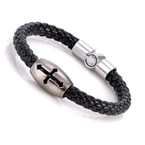 Gemini Armband (schwarz), 1x Element Gold mit Kreuz, hochwertiges Leder, polierter Edelstahl Magnetverschluss, außergewöhnliches Design für Boys, Girls, Herren, Damen, Unisex, 20,3 cm (Länge)