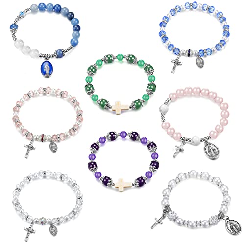 Adramata 8 Stück Perlen Armbänder für Damen Mädchen Katholische Stretcharmbänder Kristall Kreuz Armband Kruzifix Wundermedaille Yoga Rosenkranz Perlen Armbänder Set Böhmische Armbänder Boho Schmuck