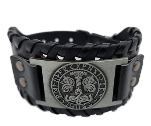 AB Viking Crafts Vikings Wikinger Armband Thors Hammer Mjölnir mit Odins Wölfen im Runenkreis Leder Metall schwarz silber