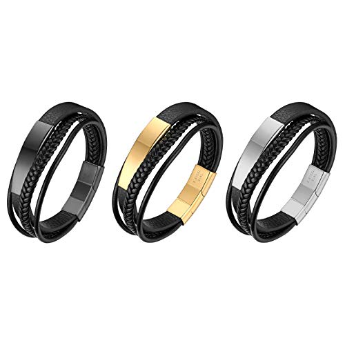 JewelryWe Schmuck 3pcs Herren Lederarmband, Handgemacht Geflochten Mehrreihiges Leder Armband Edelstahl Magnetverschluss Verstellbar Armreif Manschette, Silber Gold Schwarz