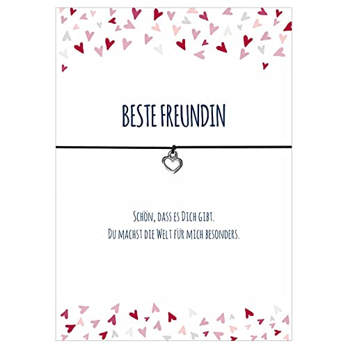 Glücksschmiedin - kleines Geschenk für Schwester, Mutter, Oma, Freundin, Freundschaftsarmband mit Herz Anhänger und Grußkarte, handgefertigt (Freundin (Schwarz))