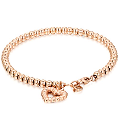 JewelryWe Schmuck Damen Armband, Elegant Hohl Herz Glück Kugeln Link Charm, Edelstahl, Rose Gold