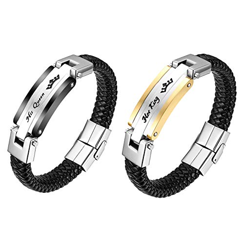 Flongo Partnerarmbänder Lederarmbänder BFF Armbänder, Leder Edelstahl Armband Armreif Schwarz Silber Gold Surfer Geflochten Lederband mit His Queen & Her King Gravur