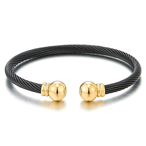COOLSTEELANDBEYOND Gold Schwarz Elastische Verstellbare-Edelstahl Armband für Herren Damen Verdrehten Stahlkabel Armreif Poliert