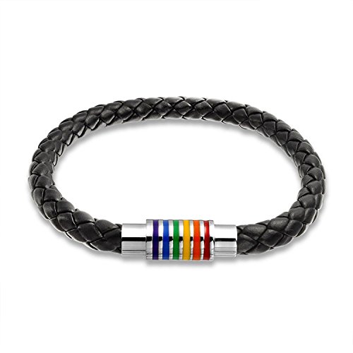 BodyJewelryonline Gay Pride Lederarmband geflochten, magnetisch, Regenbogen-Streifenversch luss, 20,3 cm, 20,3 cm, Leder, No_Stone