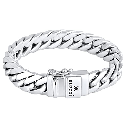 Kuzzoi „Buddha“ Silber-Armband für Herren, handgefertigtes Panzer-Armband glänzend aus massiven 925er Sterling Silber, luxuriöses Herren-Armband Gravur, 14mm breit, 90g schwer 335101-019