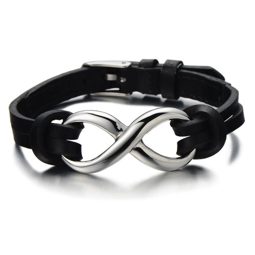 COOLSTEELANDBEYOND 20-24CM Infinity Unendlich Liebe Nummer 8 Leder-Armband für Herren Damen mit Edelstahl und Schwarz Echtes Leder