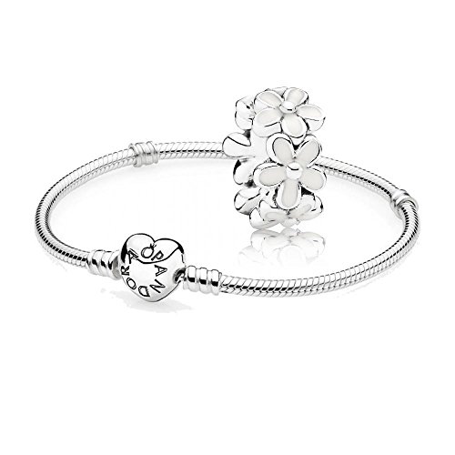 Pandora [A] Original Geschenkset - 1 Silber Armband mit Herz Schließe 590719-18 + 1 Silber Zwischenelement 791495EN12 Liebliche Gänseblümchen