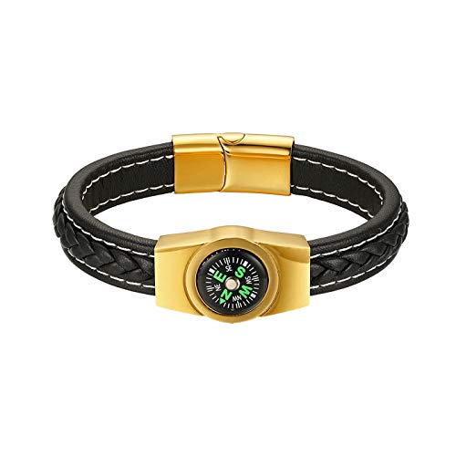 JewelryWe Herren Lederarmband, Echtleder Leder Armband Armreif Geflochten mit Kompass und Magnetverschluss aus Edelstahl, 19cm, Schwarz Gold
