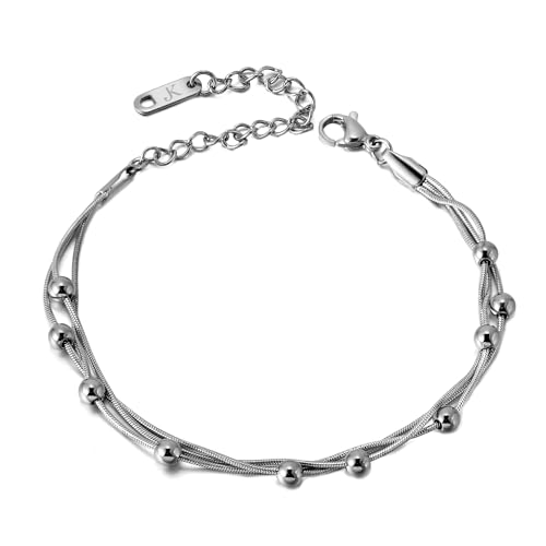 Kim Johanson® Edelstahl Damen Armband *Kala* in Silber | Armkette mit vielen festen Kugeln | Wasserfest | Boho Schmuck für Frauen | Kreise | Multi Layer | Verstellbare Länge | Inkl. Schmuckbeutel