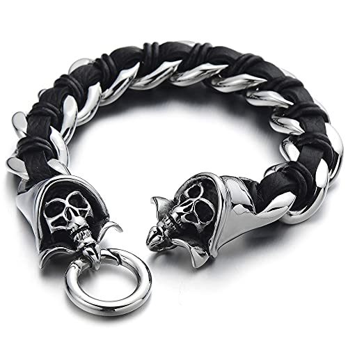 COOLSTEELANDBEYOND Schädel-Armband Panzerkette Geflochtenes Leder-Armband für Herren aus Edelstahl und Schwarz Echtem Leder