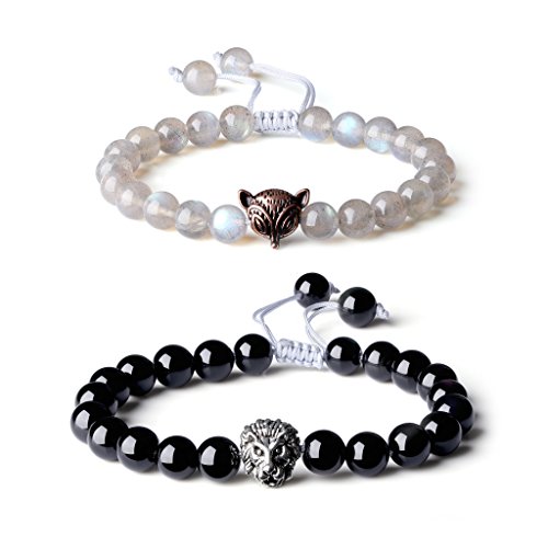 COAI Geschenkideen Partnerarmbänder Freundschaftsarmbänder aus Onyx und Labradorit mit Legiertes Fuchs-/Löwe-Zubehör