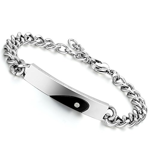 Flongo Partnerarmbänder, Edelstahl BFF Armband Armreif Freundschaft CZ Zirkon Zirkonia Silber Schwarz Panzerkette Kette Herz Valentine Lieben Paar Paare Verlobung His & Hers Herren,Damen