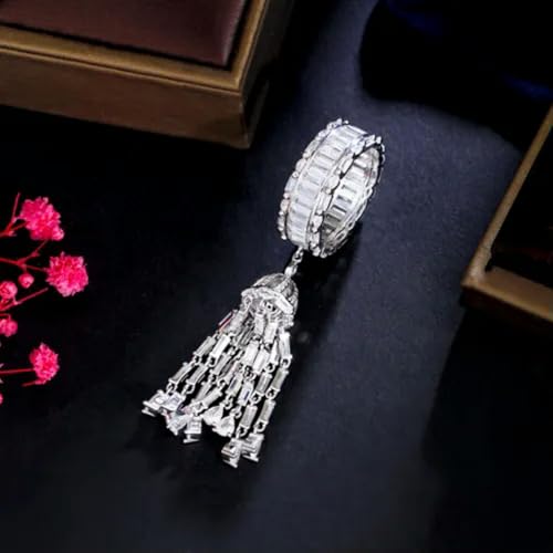 Weißgold plattierter Fingerring mit Langen Quastenanhängern und Zirkonia aus amerikanischem Kristall