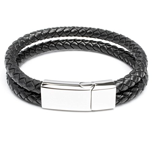 Echt Leder Herren Armband doppelt schwarz geflochten Edelstahl silber Schließe Hochwertig Bikerschmuck Männer Geschenk (20.5)