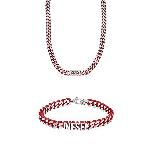 Diesel Herrenkette Choker Edelstahl rot, DX1416040 + Herren-Gliederarmband Edelstahl rot, DX1415040