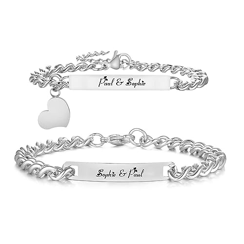 Partnerarmbänder Paar Armbänder mit Gravur - Personalisierte Pärchen HERZ Edelstahl Partner Silber für Geschenk Hochzeitstag Geburtstag Weihnachten Valentinstag