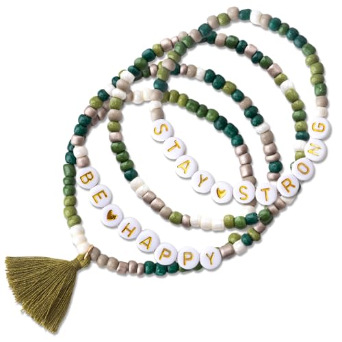 Papierdrachen 4 Perlen-Armbänder in sanften Pastelltönen - mit Quaste- tolle Geschenkidee für jeden Anlass - BE HAPPY und STAY STRONG - schönes Accessoire - Set 5