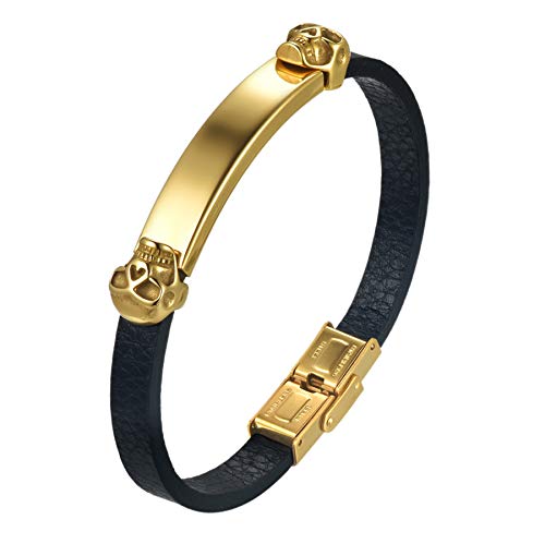 JewelryWe Schmuck Lederarmband Herren mit Totenkopf Schädel Hochglanz Poliert Gravurplatte, Edelstahl Armreif Armspange Geschenke für Männer Gold