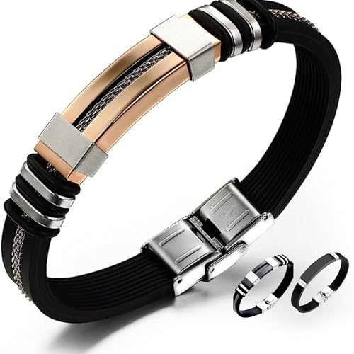 RedfoxX Armband Herren Gold Edelstahl schwarz Herrenarmbänder 21,5 cm Silikonarmband Punkstyle Armreifen Armbänder für Herren Geschenk Herrenarmand Männer Geschenke Herren Schmuck (gold)