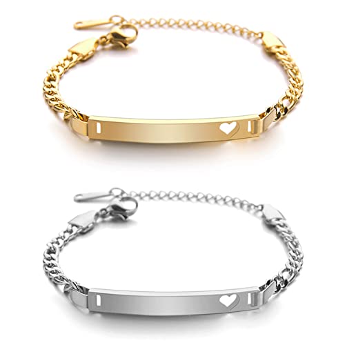 JewelryWe Schmuck 2pcs Armband Herren Damen Edelstahl Herz Figaro Kette ID Armkette Figaro-Armband Verstellbar Kettenarmband mit Hochglanz Poliert Gravurplatte Silber/Gold