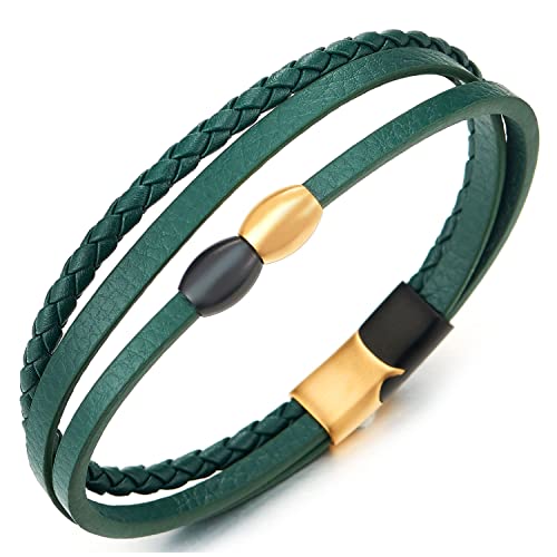 COOLSTEELANDBEYOND Herren Damen DREI Stränge Grün Geflochtene Leder Armreif mit Gold Schwarz Edelstahl Wulst Charme, Magnetverschluss