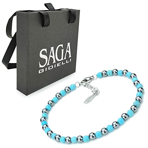 SAGA GIOIELLI® Unisex Armband Kugeln Halbedelsteine Stahl, 18 centimeters, Edelstahl Legierter Stahl