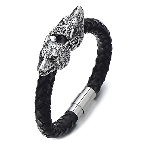 COOLSTEELANDBEYOND Wolfskopf Armband Geflochtenes Leder-Armband für Herren aus Edelstahl und Schwarz Echtem Leder