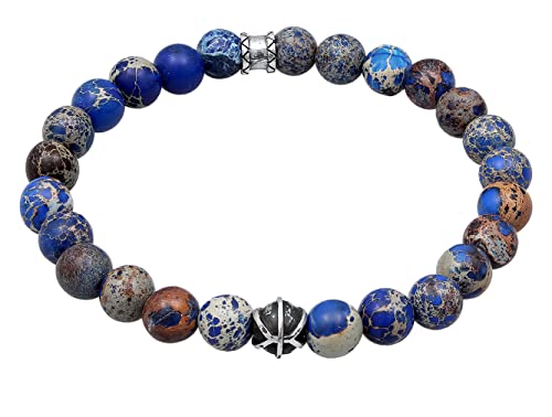 Kuzzoi Buddha Herren Armband aus blau gefärbten Achat Perlen, Organic Beads aus 925 Sterling Silber, Yogaarmband, Energiearmband, Steinarmband, Länge 21 cm