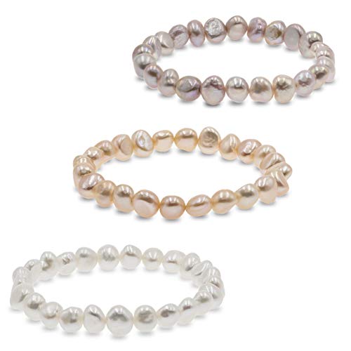 Secret & You Perlenarmband mit weißen oder bunten barocken Süßwasserzuchtperlen - Perlen sind 8-9 mm 22 Perlen insgesamt -18cm Elastisches Band - In verschiedenen Farben erhältlich