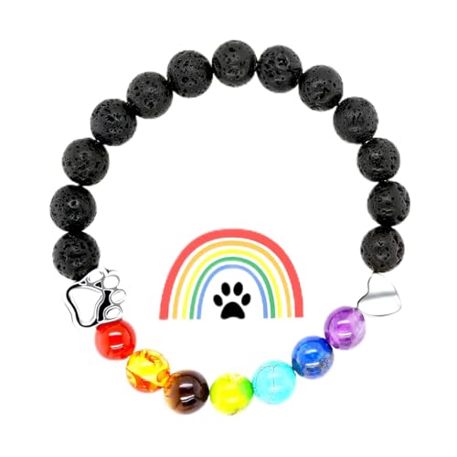 JewelryWe Chakra Armband Hund Perlenarmband: Regenbogen 7 Farben Chakra Lava Stein Perlen Armband Herz Hundepfote Hundehuf Elastisch Natürlich Armbänder Unisex Tier Gedenkgeschenk