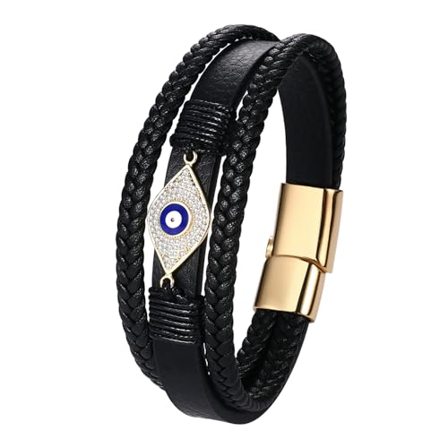 JewelryWe Teufelsauge Lederarmband Herren Armband: Schwarz Leder Geflochten Armband mit Bösem Blick Auge Punk Evil Eye Dreireihig Handgewebt Manschette Armreif mit Gold Edelstahl Schließe