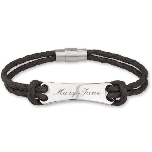 Schmuck-Pur Echt Leder Armband mit Edelstahl-Schild Lederarmband schwarz mit persönlicher Laser-Gravur, Länge wählbar