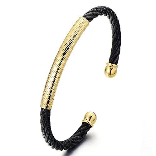 COOLSTEELANDBEYOND Elastische Verstellbare-Herren Damen Armband aus Edelstahl Verdrehten Stahlkabel Armreif Gold Schwarz Zwei Töne