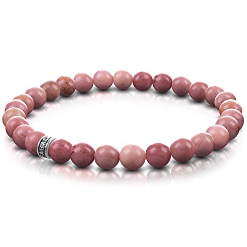 FABACH Rhodochrosit Perlenarmband mit 6mm Edelstein-Perlen und 925 Sterling Silber Logo-Perle - Edles Naturstein Stretch-Armband für Damen (Rosa-Rot)