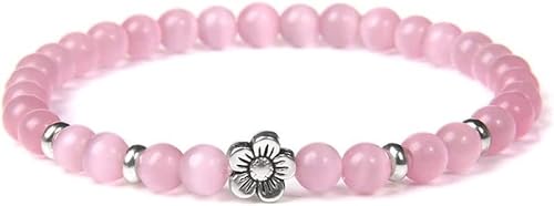 HEYONA Armband for Frauen, Freundschaftsarmband, Armbänder for Frauen, 6 mm Naturstein-Stretcharmband , rosa Opal, mit Blumen, Perlenarmband, Edelstein-Freundschaftsar mband, verstellbar (Color
