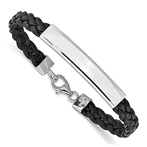 Sterling Silber Leder Armband geflochten schwarz, Karabiner 7 Zoll-JewelryWeb