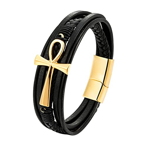 Joielavie Ägyptisches Armband mit Ankh-Kreuz des Lebens, Magnetschnalle, mehrreihig, gewebt, echtes Leder, Edelstahl, Vintage, Schmuck, Schwarz, Silber, Gold, One Size, Edelstahl Leder