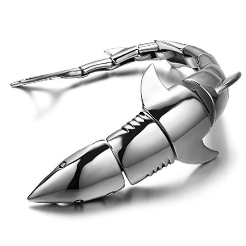 JewelryWe Schmuck Edelstahl Herren Armband, Biker schwer Groß Haifisch Armkette, Partnerarmband Armreif Silber 23cm Breite 5cm