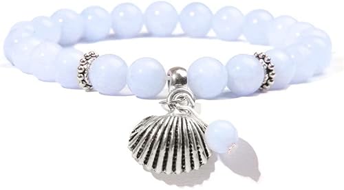 HEYONA Armband for Frauen, Freundschaftsarmband, Armbänder for Frauen, 8 mm Naturstein, Stretch-Armband, Blauer Jade-Muschel-Anhänger, Freundschaftsarmband, Verstellbarer Chakra-Reiki-Schmuck