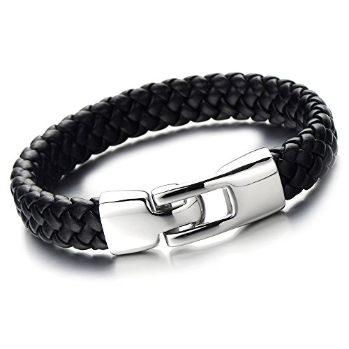 COOLSTEELANDBEYOND Herren Damen Geflochtenes Leder-Armband Schwarze Echtem Leder Verwobenen Design mit Edelstahl Verschluss