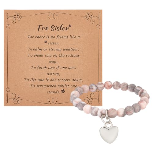 OLYCRAFT Naturstein Armbänder Mit Silbernem Herz Anhänger Schwester Armbänder Mit Karte Natürliche Runde Perlen Stretch Armband Edelstein Schwester Geschenke Für Beste Freundin Bestie - Rosa