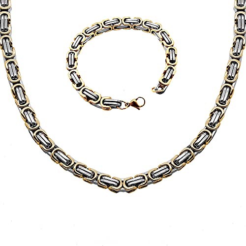 Tumundo Set Königskette Panzerkette Edelstahl-Kette Halskette Armband Golden Silbern XXL 55 cm Ø 5mm Lang Herren-Schmuck