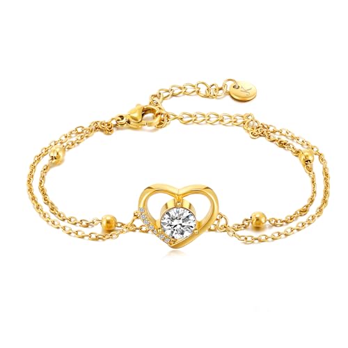 Kim Johanson® Edelstahl Damen Armband *Elisa* in Silber, Gold & Roségold | Mehrreihige Armkette mit Zirkonia & Kugeln | Wasserfest | Multi Layer Kette für Frauen | Verstellbare Länge | Schmuckbeutel