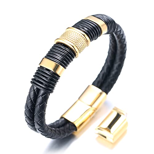 Halukakah Plus ? Ehrengold ? Herren Schwarz Echtes Leder Titan Ehrengold Perlen Armband Goldener Magnetverschluss Größe Einstellbar 21.5-23cm mit Gratis Geschenkbox