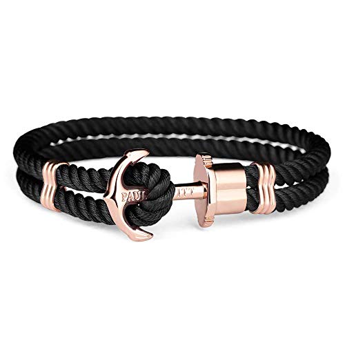 PAUL HEWITT Anker Armband PHREP - Segeltau Armband in Schwarz, Damen Armband mit Anker Schmuck aus IP-Edelstahl (Roségold) in Größe XL