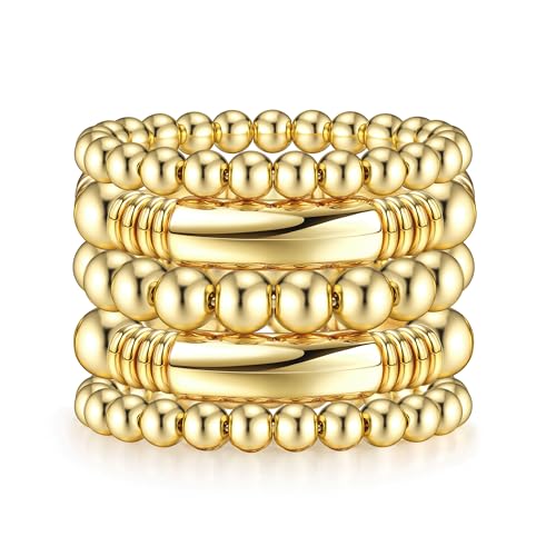 Dochais 3-5 Stück Boho Armband Damen, Stapelbare Mehrschichtiges Perlen Armbänder, Silber Gold Bohemian Armband Damen, Sommer Strand Surferarmband Damen, Chunky Curved Armbänder (5 pcs, Gold)
