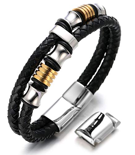 Halukakah Plus ? Ehre ? Herren-Armband Handgefertigt | Echtleder in Schwarz | Magnetverschluss Edelstahl | Titan Perlen in Gold & Silber | KOSTENLOS Geschenkbox | Größe Einstellbar 21.5cm-23cm