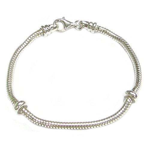 Queenberry Caprice-Schlangen-Armband aus Sterlingsilber, 3 mm, mit 2 Gummistopfen für europäische Perlen-Charms, Gummi